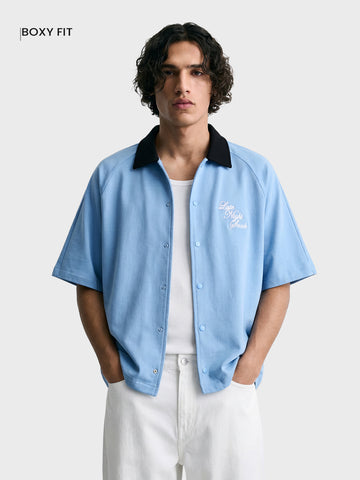 Men's Blue Boxy Fit Embroided Casual Shirt