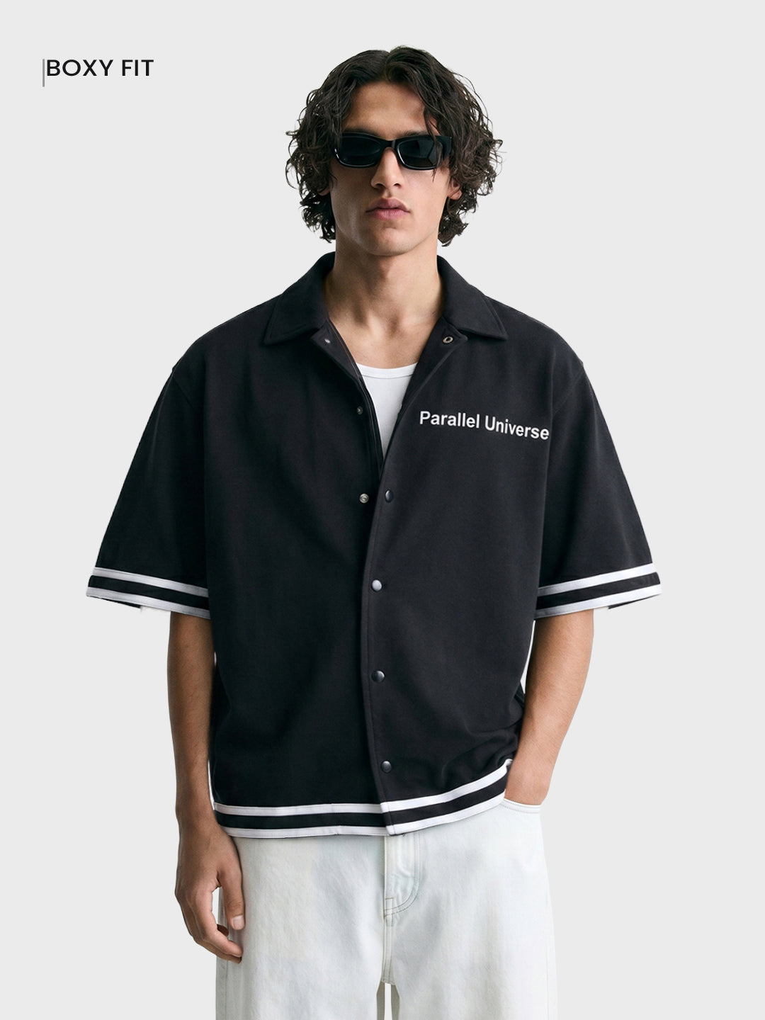 Men's Black Boxy Fit Embroided Casual Shirt