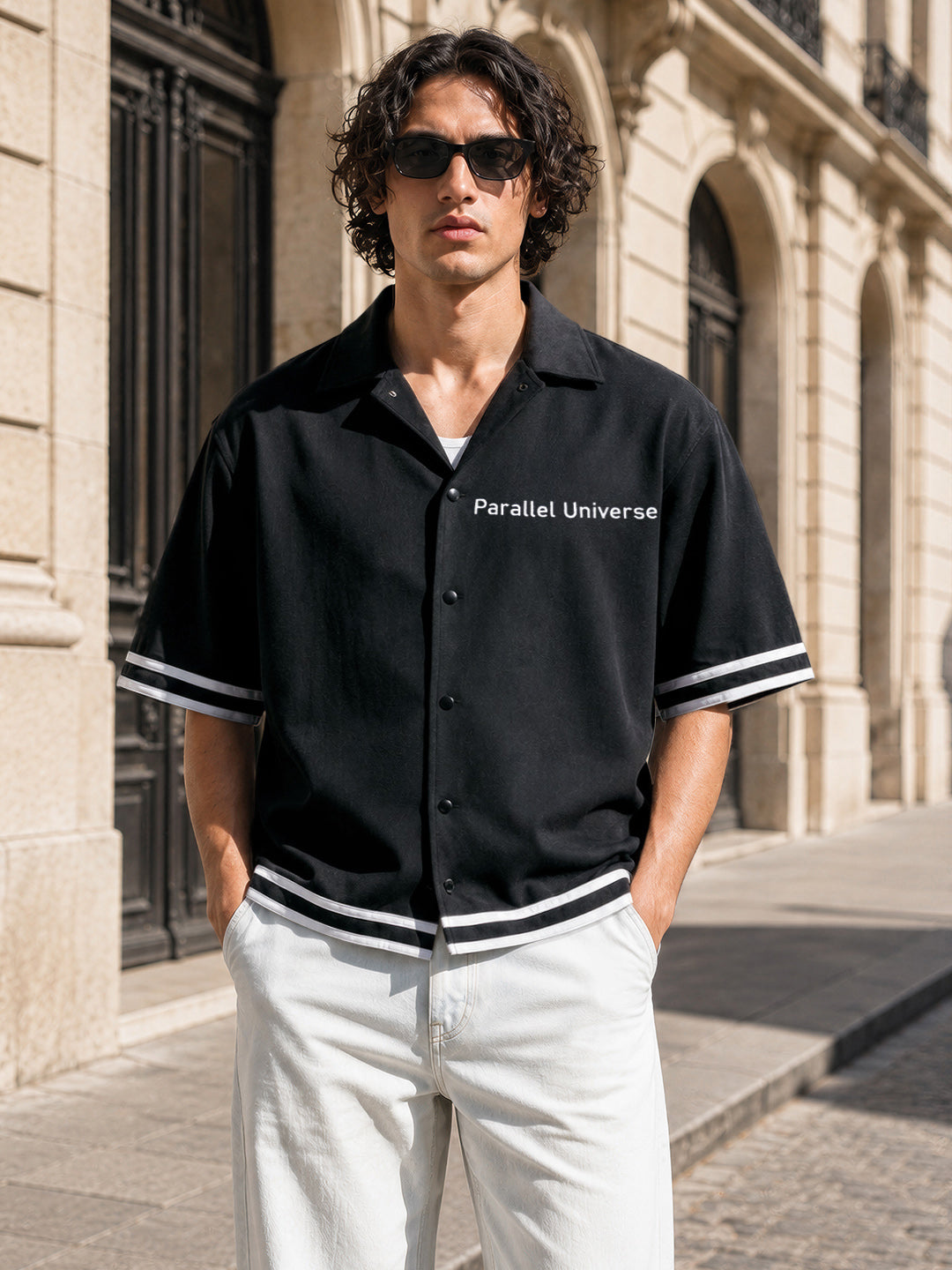 Men's Black Boxy Fit Embroided Casual Shirt