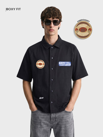 Men's Black Boxy Fit Embroided Casual Shirt