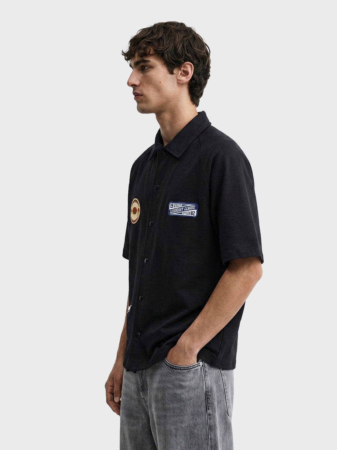 Men's Black Boxy Fit Embroided Casual Shirt