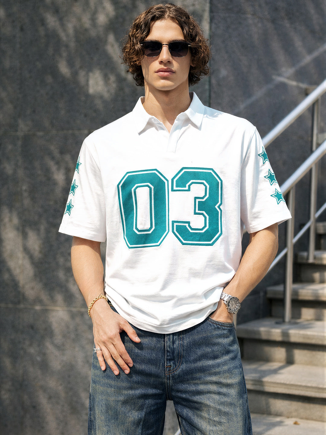 Men's White Boxy Fit Printed Casual T-Shirt