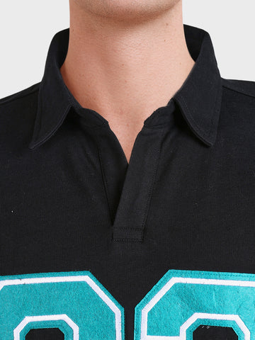 Men's Black Boxy Fit Printed Casual Polo T-Shirt