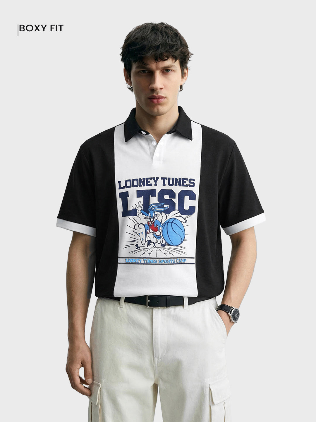 Men's Black Boxy Fit Loony Tune character Polo T-Shirt