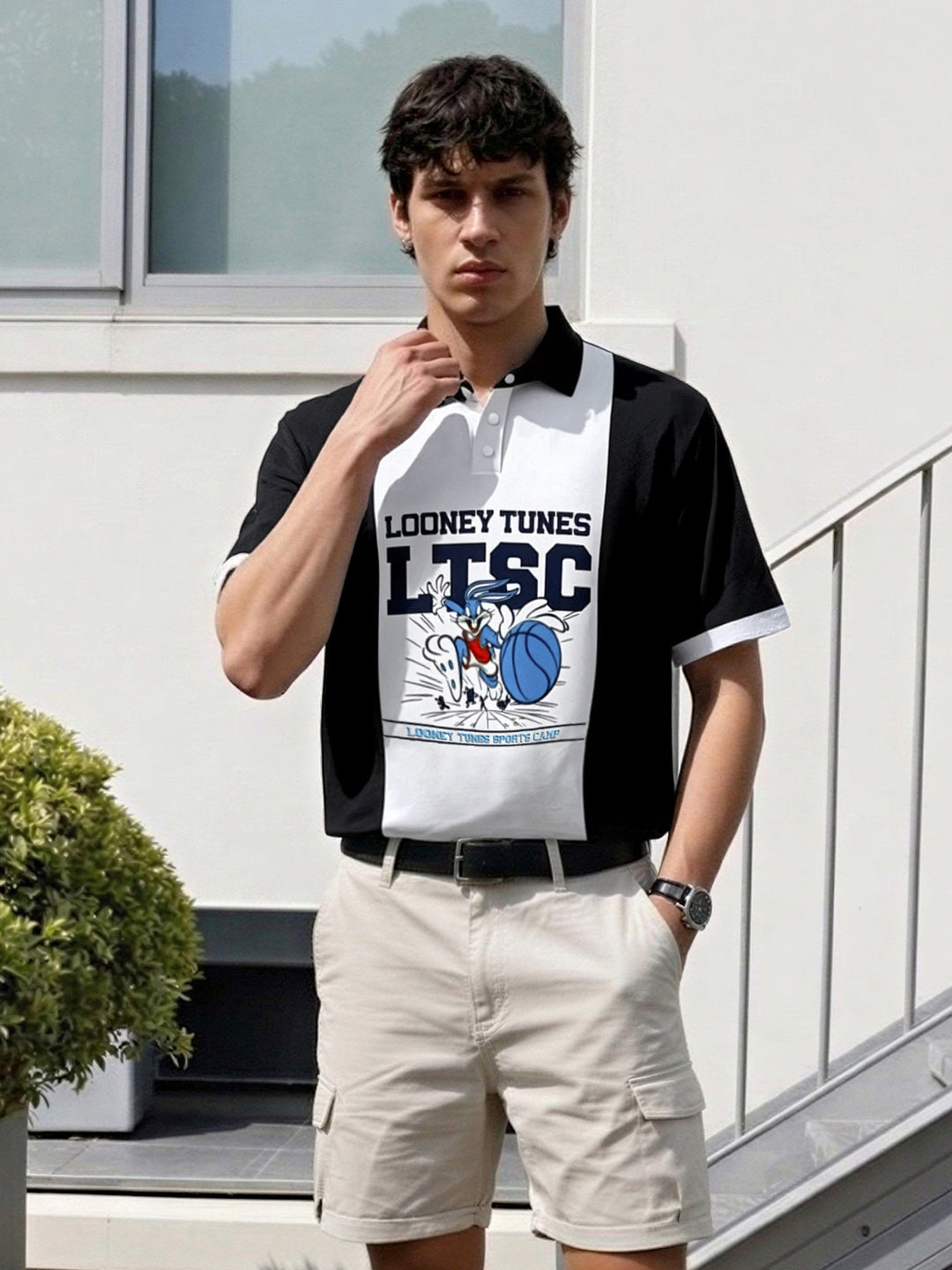 Men's Black Boxy Fit Loony Tune character Polo T-Shirt