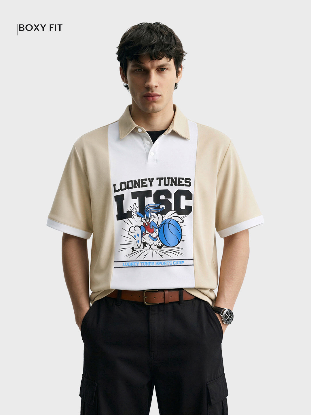 Men's Beige Boxy Fit Loony Tune character Polo T-Shirt