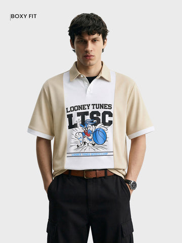 Men's Beige Boxy Fit Loony Tune character Polo T-Shirt