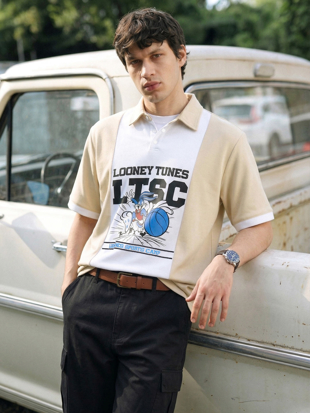 Men's Beige Boxy Fit Loony Tune character Polo T-Shirt