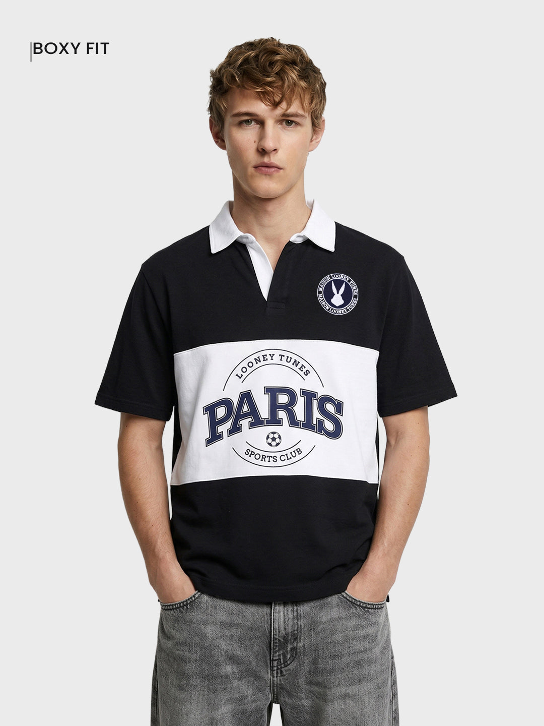 Men's Black Boxy Fit Loony Tune character Polo T-Shirt