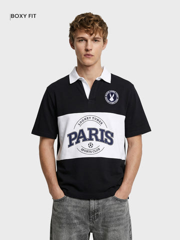 Men's Black Boxy Fit Loony Tune character Polo T-Shirt
