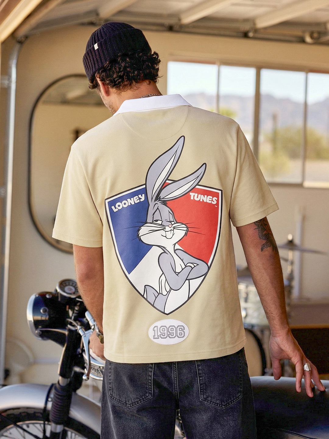 Men's Beige Boxy Fit Loony Tune character Polo T-Shirt