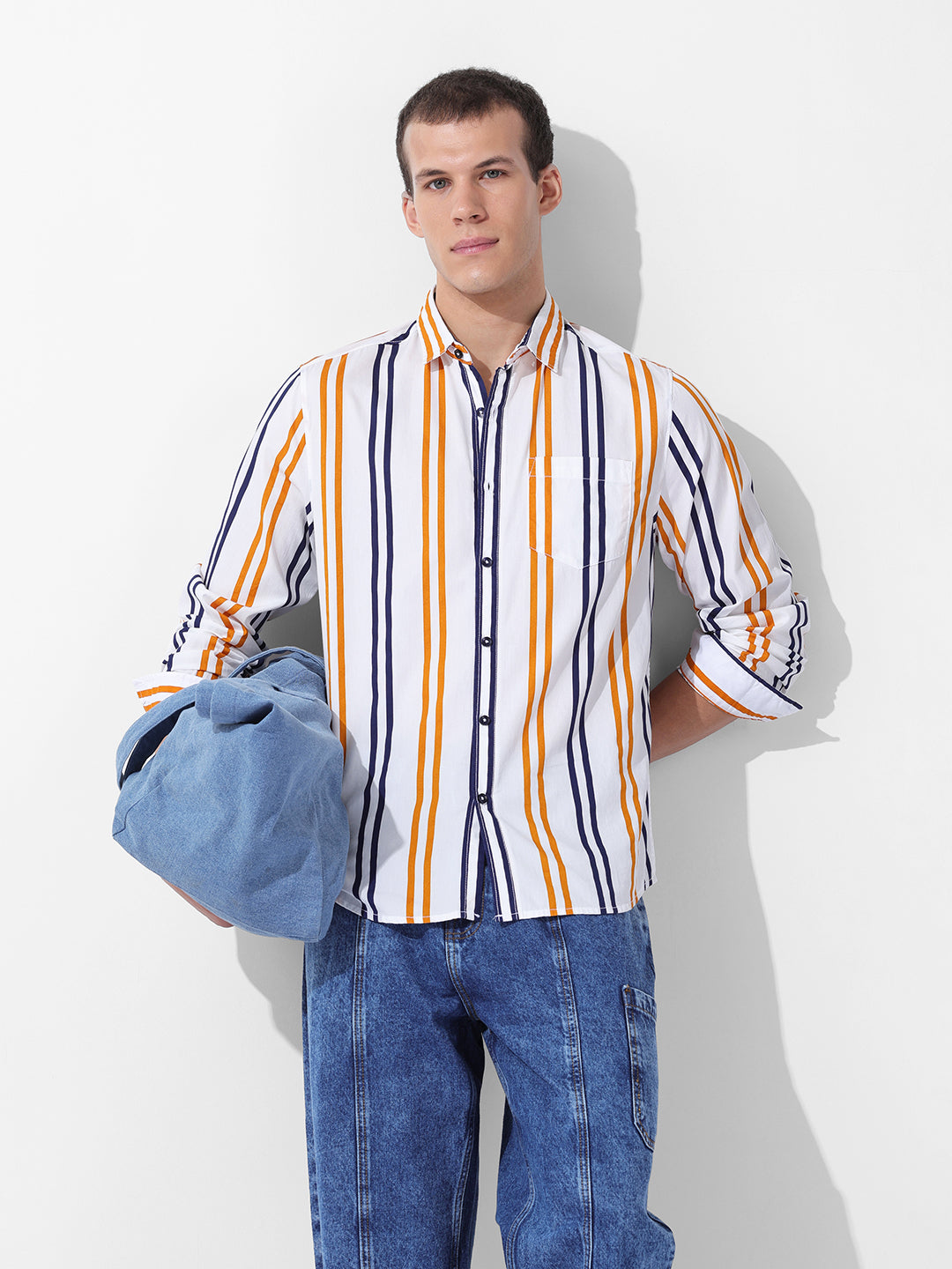 Men's White Slim Fit Striped Casual Shirt
