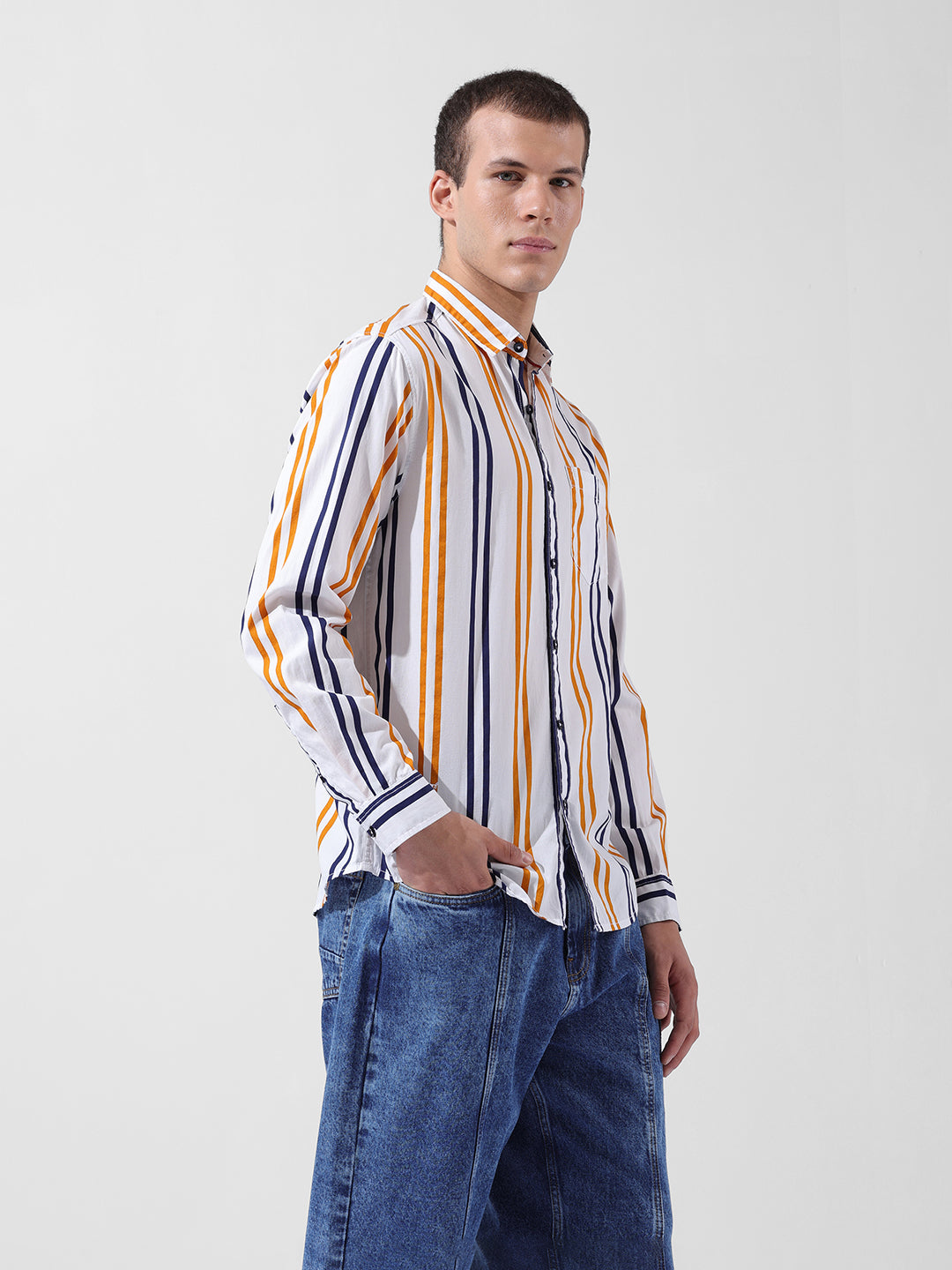 Men's White Slim Fit Striped Casual Shirt