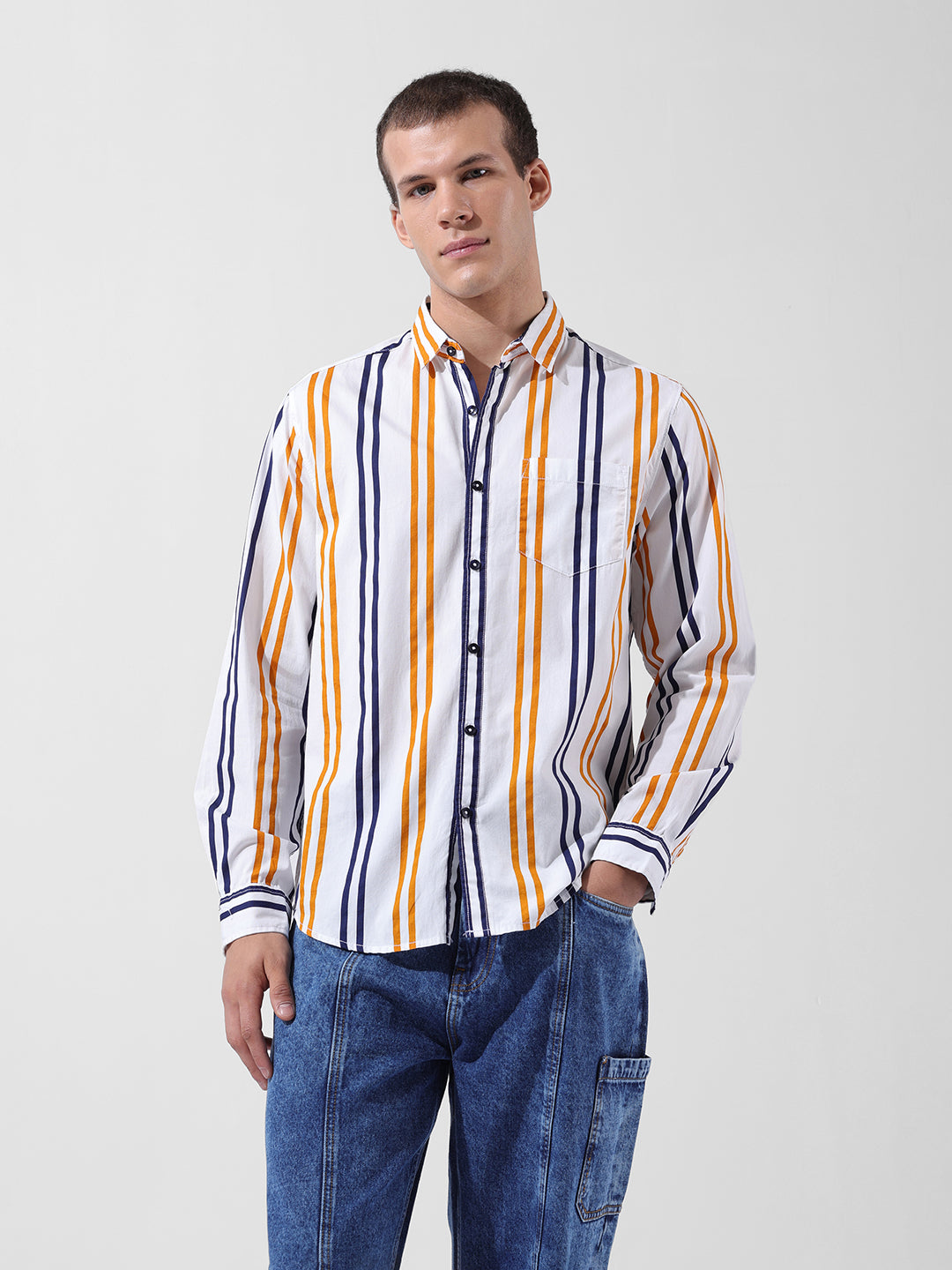 Men's White Slim Fit Striped Casual Shirt