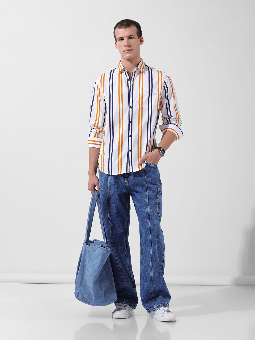 Men's White Slim Fit Striped Casual Shirt