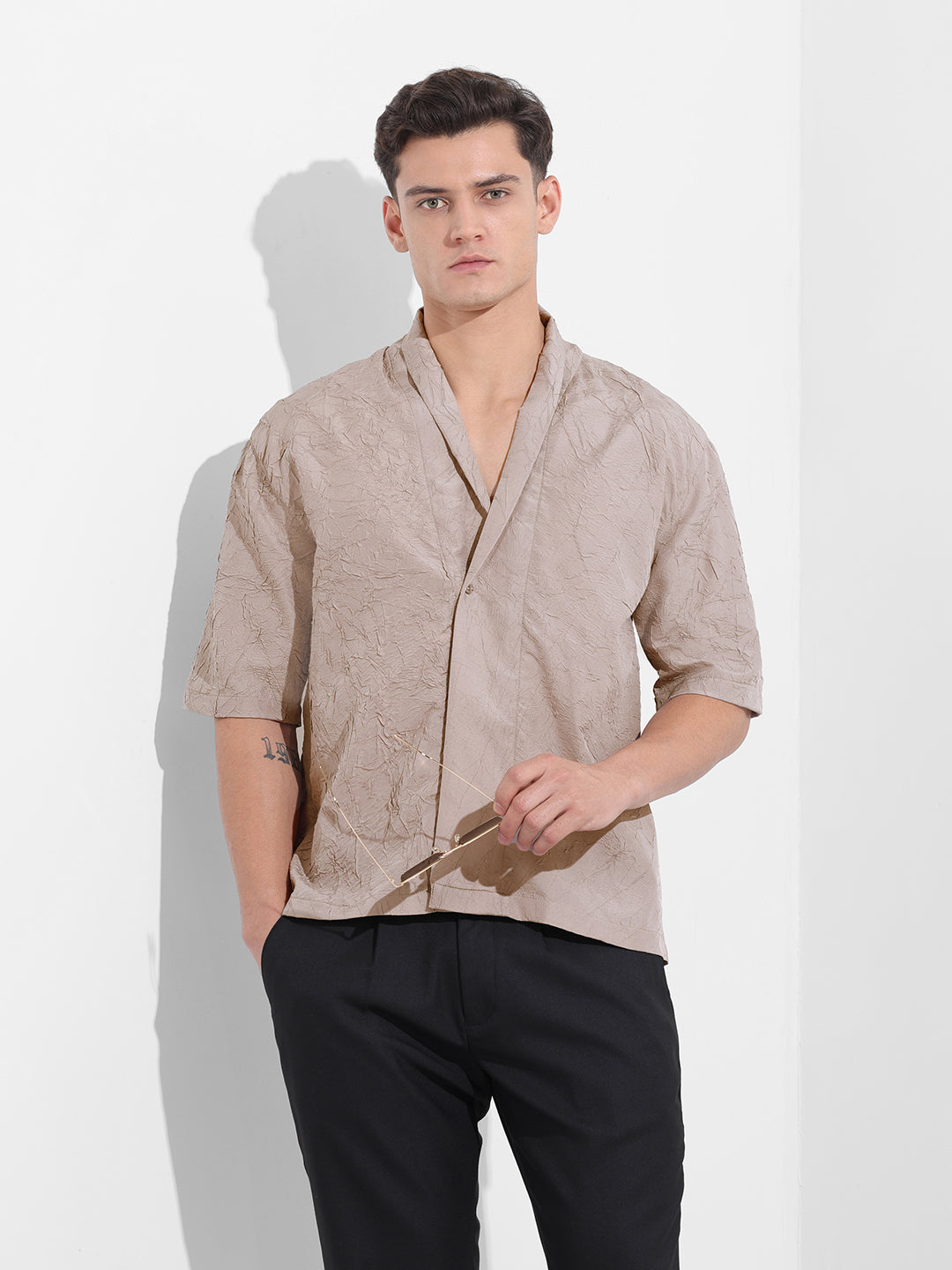Men's Grey Relaxed Fit Textured Party Wear Shirt