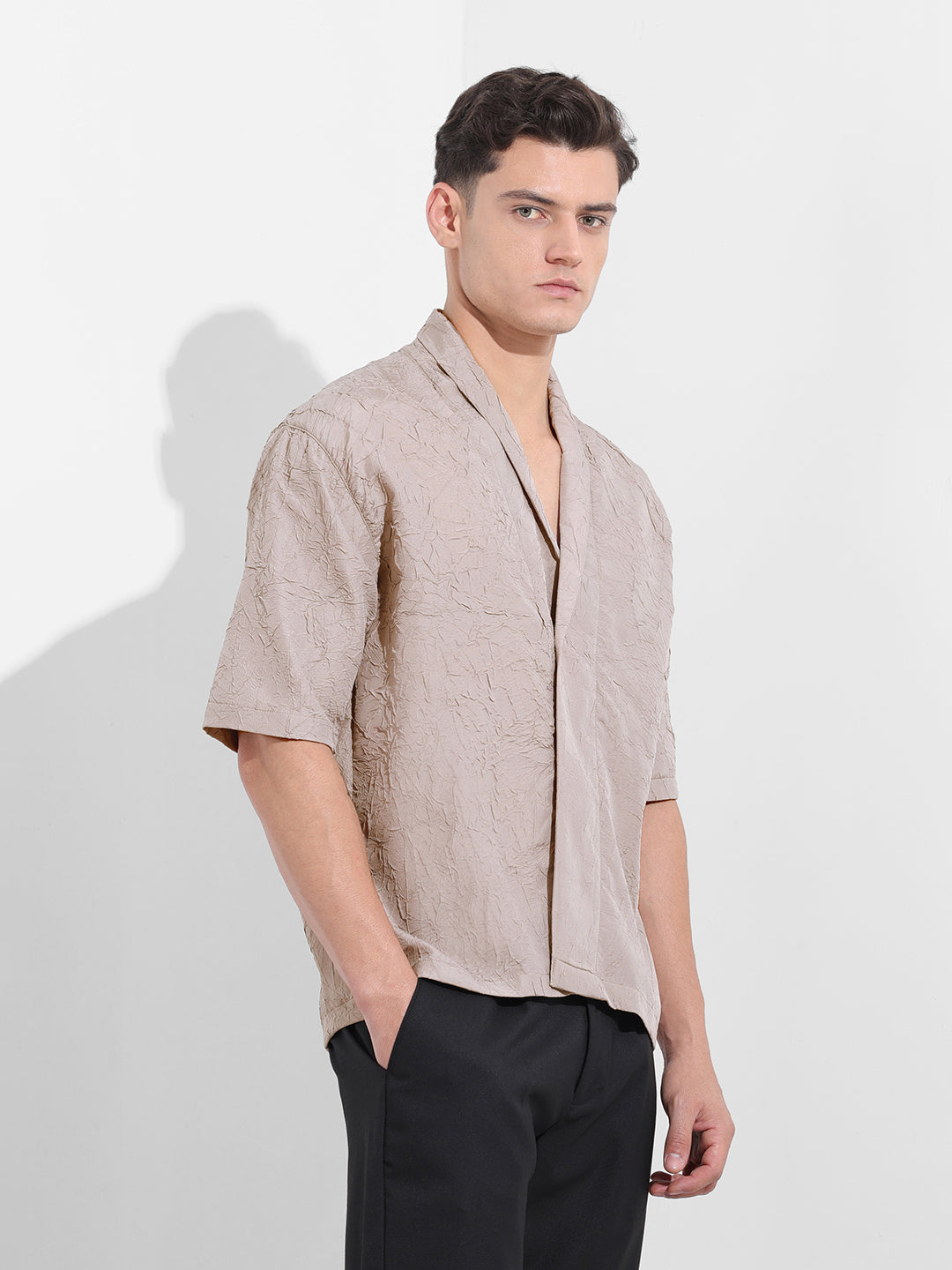 Men's Grey Relaxed Fit Textured Party Wear Shirt