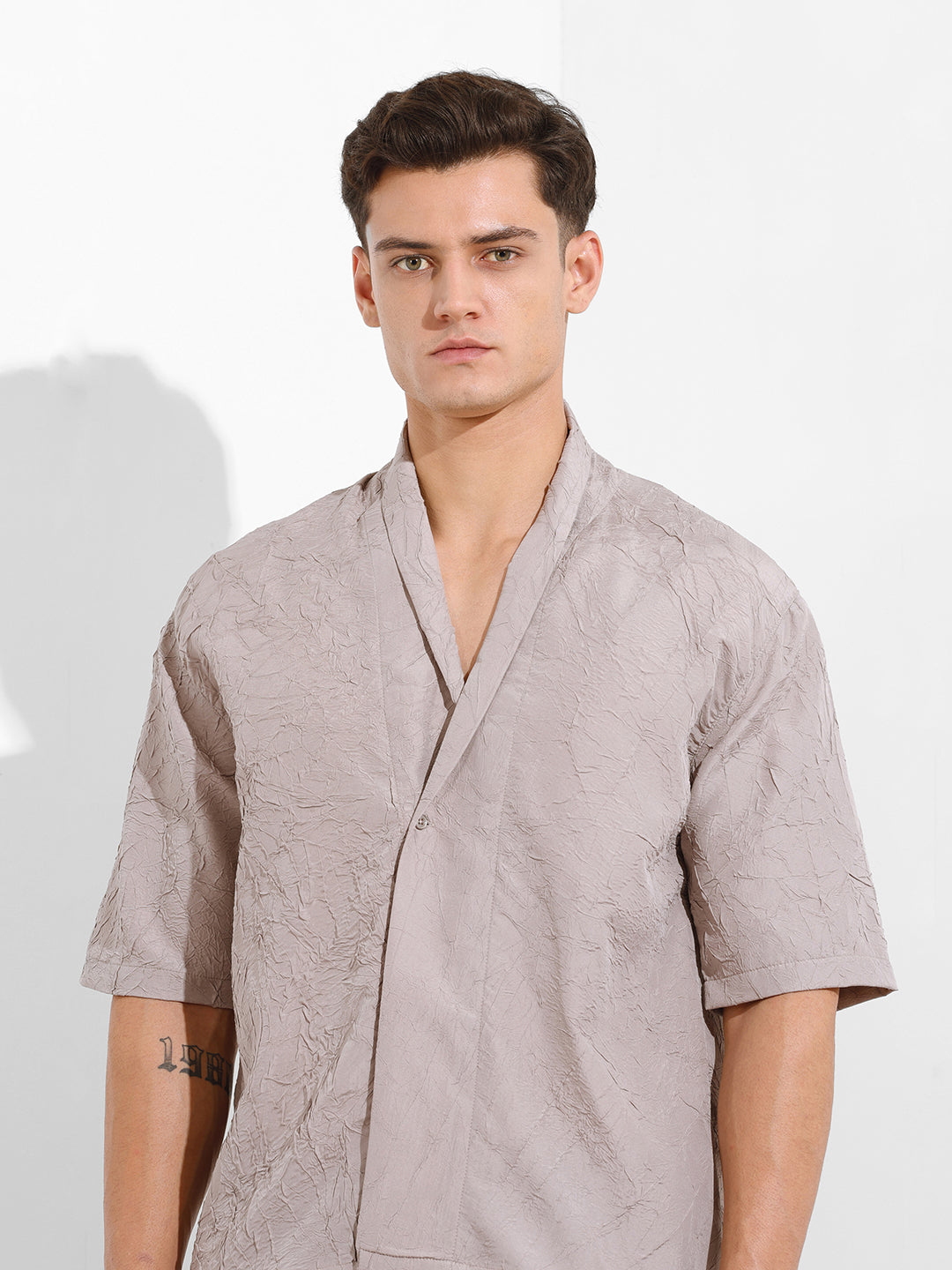 Men's Grey Relaxed Fit Textured Party Wear Shirt