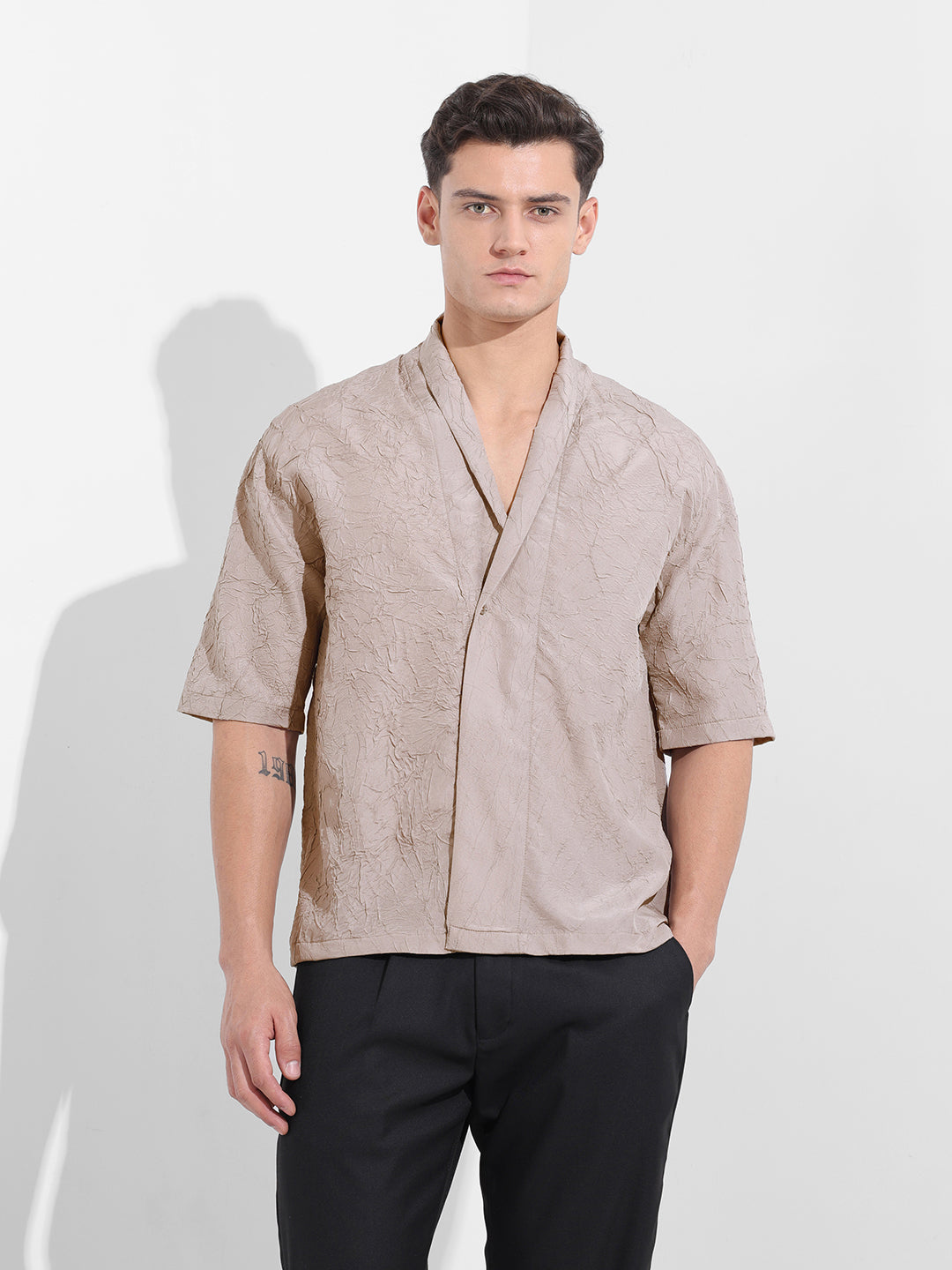 Men's Grey Relaxed Fit Textured Party Wear Shirt