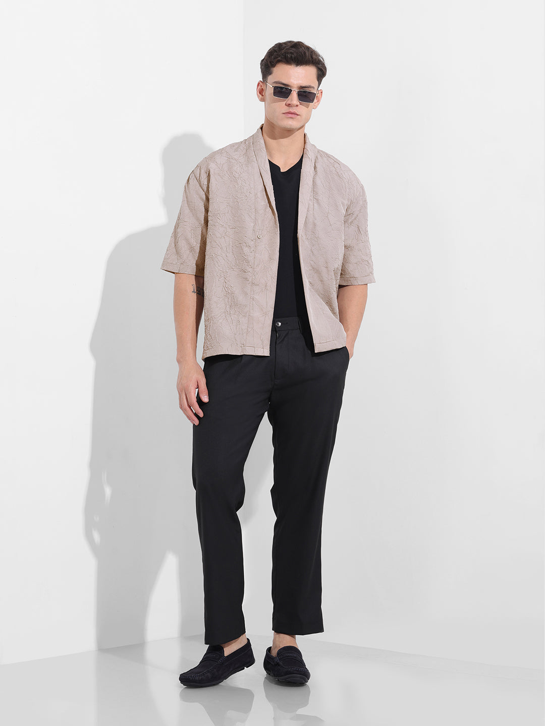 Men's Grey Relaxed Fit Textured Party Wear Shirt