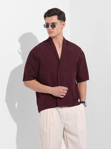 Men's Burgundy Relaxed Fit Textured Party Wear Shirt