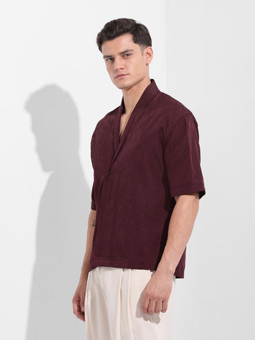 Men's Burgundy Relaxed Fit Textured Party Wear Shirt