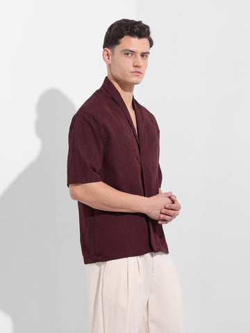 Men's Burgundy Relaxed Fit Textured Party Wear Shirt