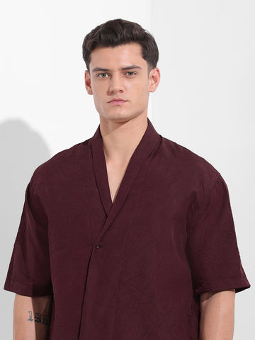 Men's Burgundy Relaxed Fit Textured Party Wear Shirt