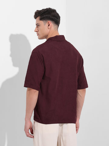 Men's Burgundy Relaxed Fit Textured Party Wear Shirt