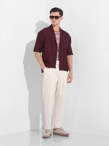 Men's Burgundy Relaxed Fit Textured Party Wear Shirt