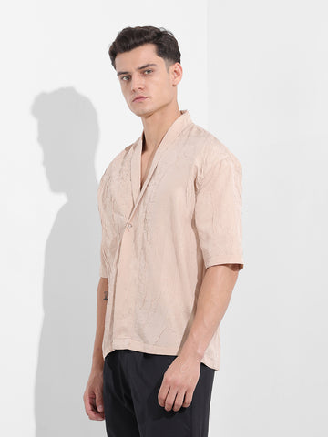 Men's Beige Relaxed Fit Textured Party Wear Shirt