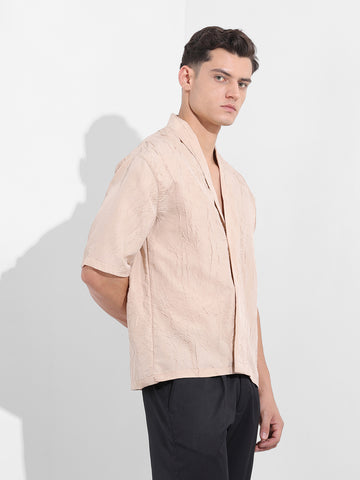 Men's Beige Relaxed Fit Textured Party Wear Shirt