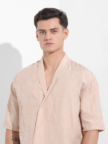 Men's Beige Relaxed Fit Textured Party Wear Shirt