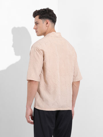 Men's Beige Relaxed Fit Textured Party Wear Shirt