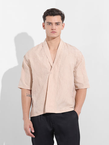 Men's Beige Relaxed Fit Textured Party Wear Shirt