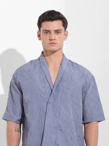 Men's Steel Grey Relaxed Fit Textured Party Wear Shirt