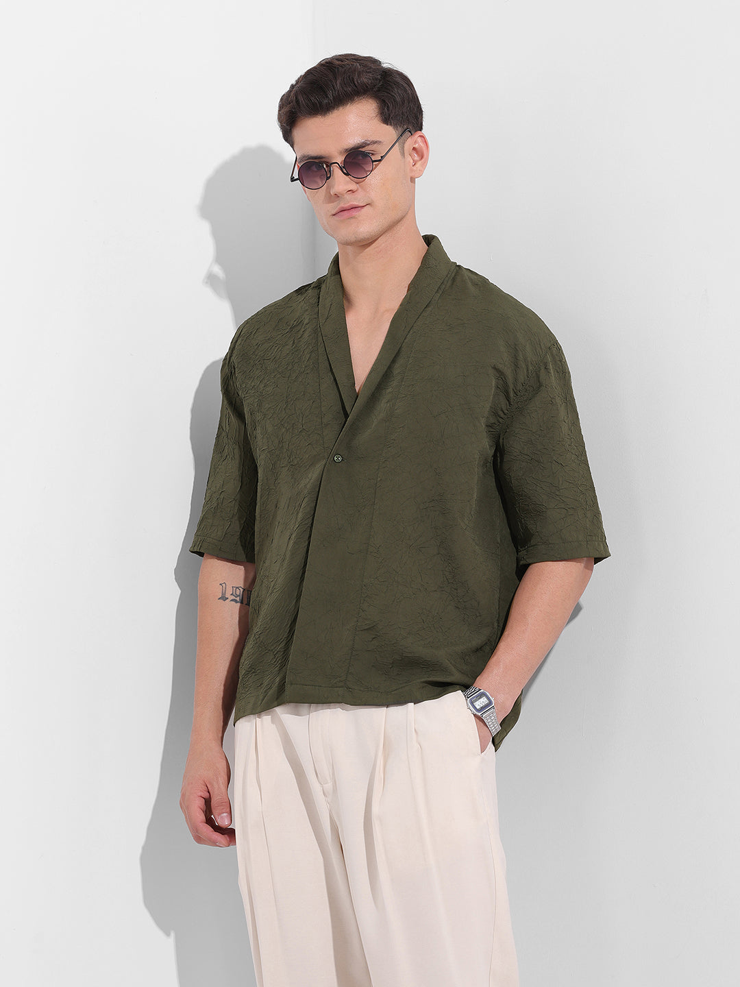Men's Olive Relaxed Fit Textured Party Wear Shirt