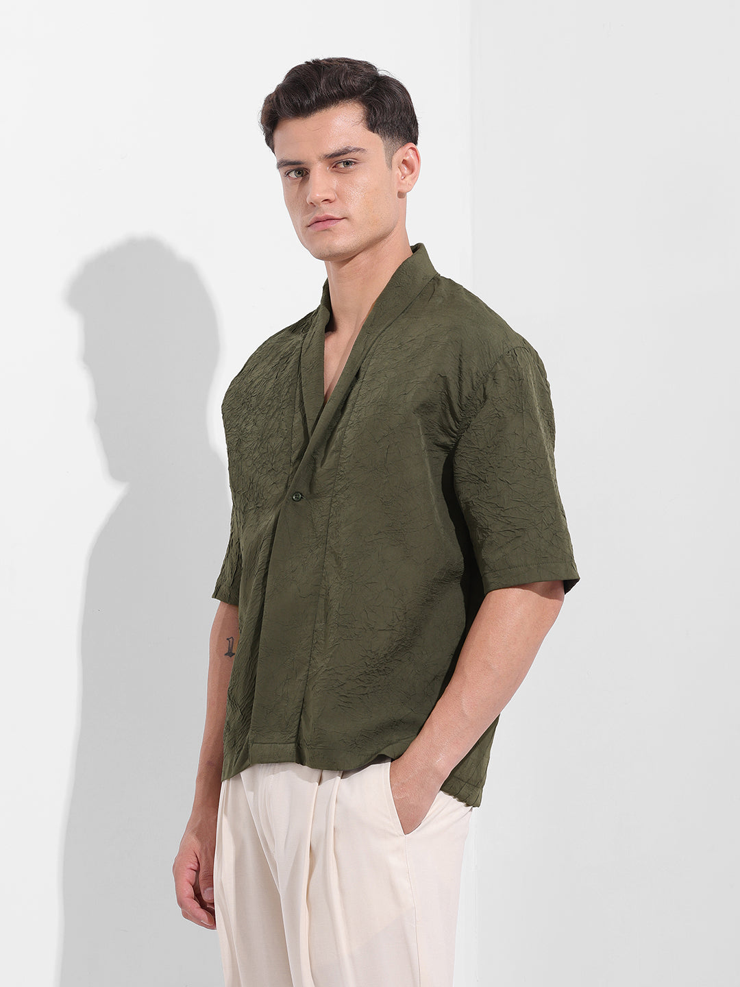 Men's Olive Relaxed Fit Textured Party Wear Shirt