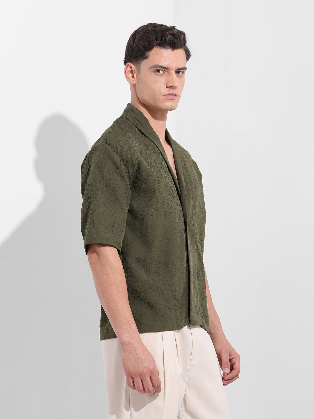 Men's Olive Relaxed Fit Textured Party Wear Shirt