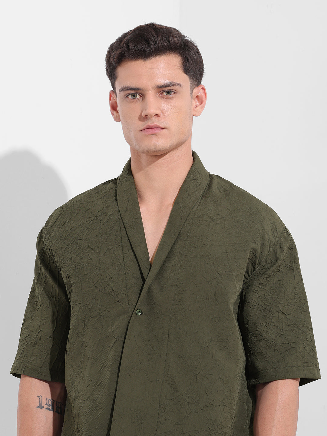 Men's Olive Relaxed Fit Textured Party Wear Shirt