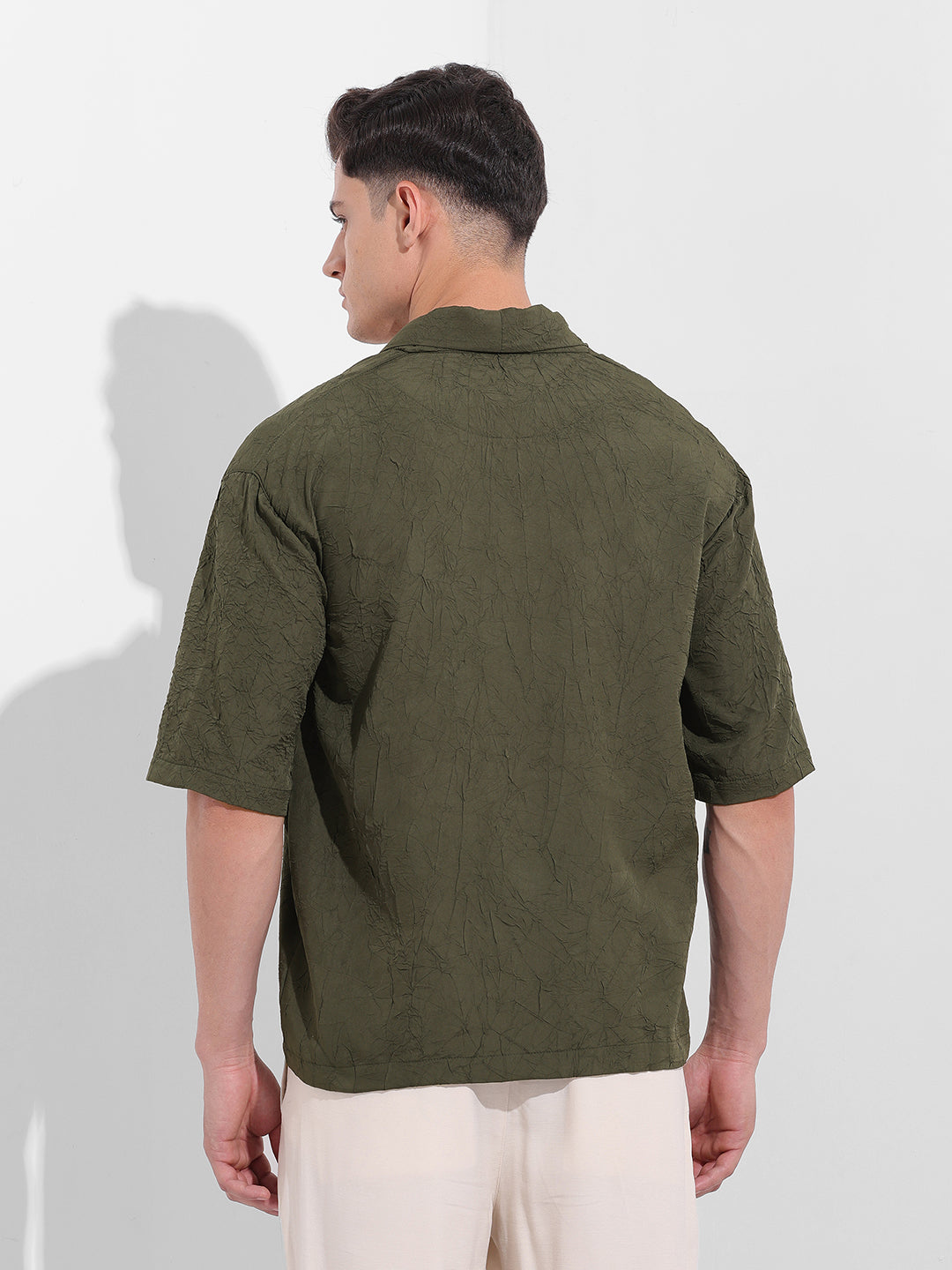 Men's Olive Relaxed Fit Textured Party Wear Shirt