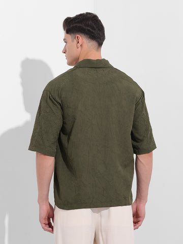 Men's Olive Relaxed Fit Textured Party Wear Shirt