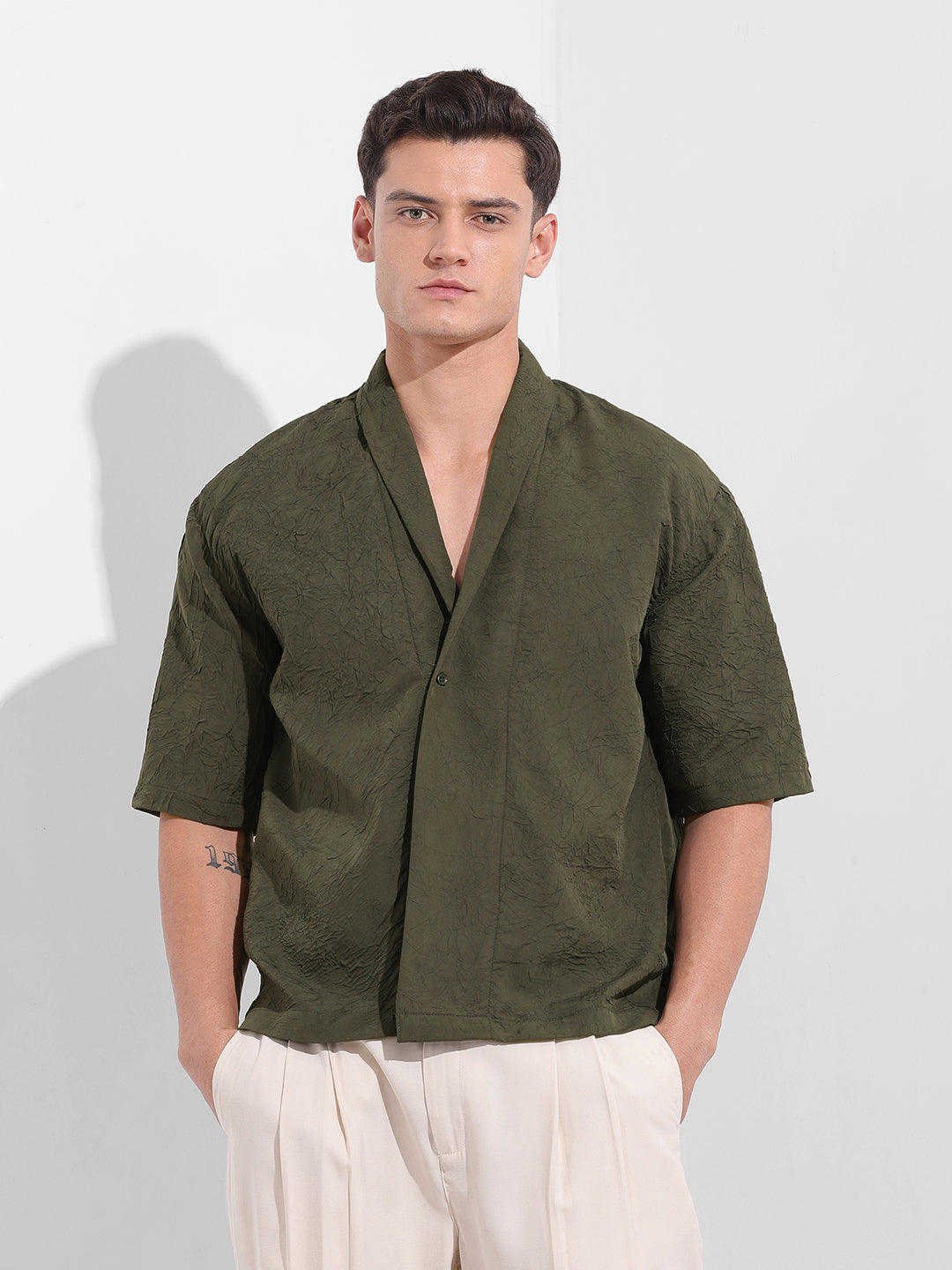 Men's Olive Relaxed Fit Textured Party Wear Shirt