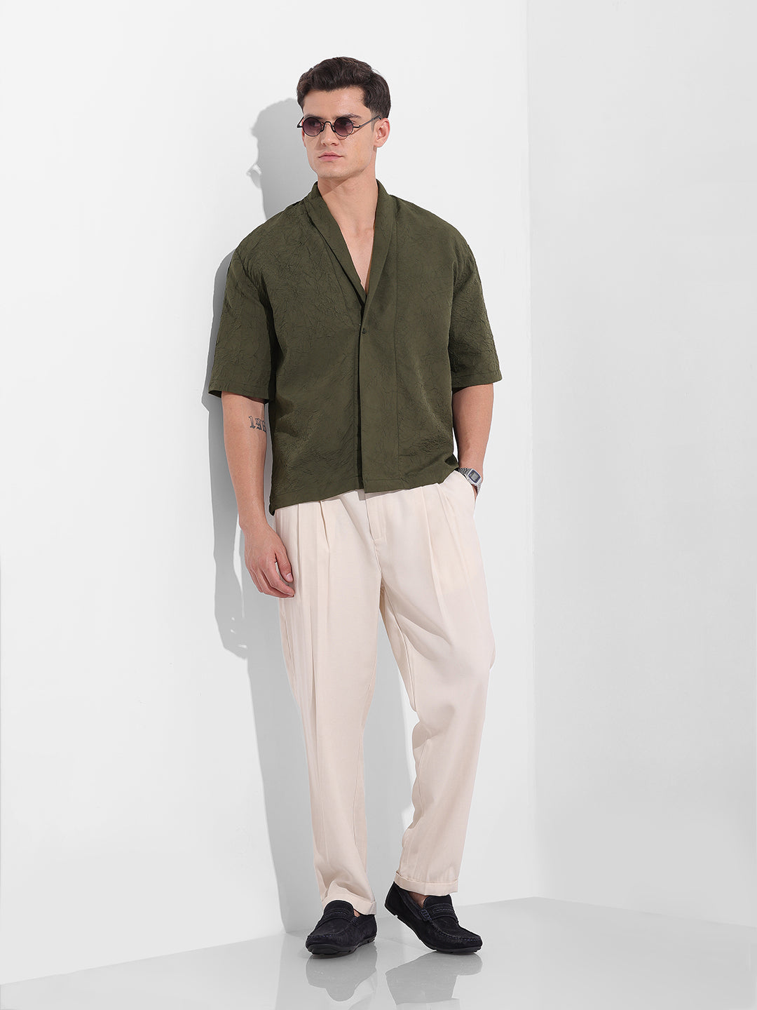 Men's Olive Relaxed Fit Textured Party Wear Shirt