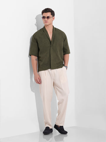 Men's Olive Relaxed Fit Textured Party Wear Shirt