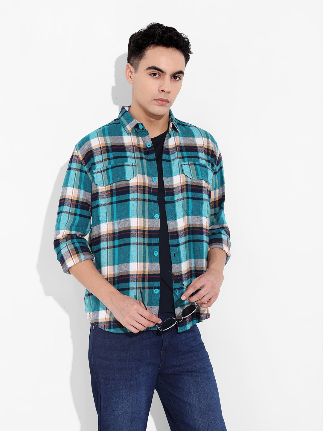 Men's Blue Regular Fit Casual Checkered Shirt