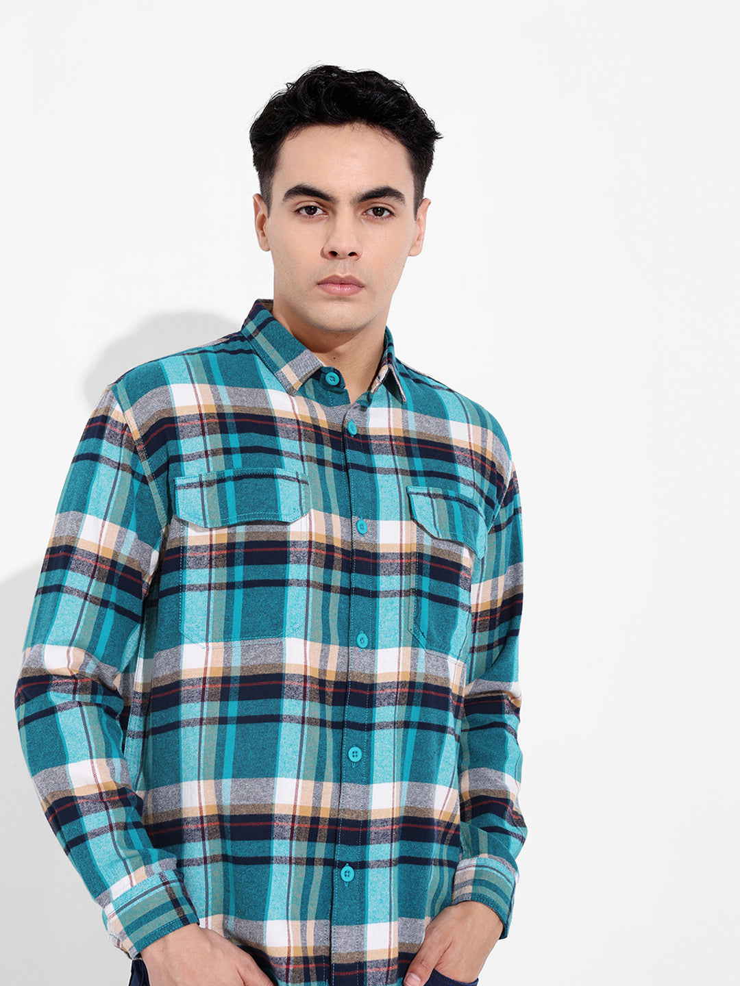 Men's Blue Regular Fit Casual Checkered Shirt