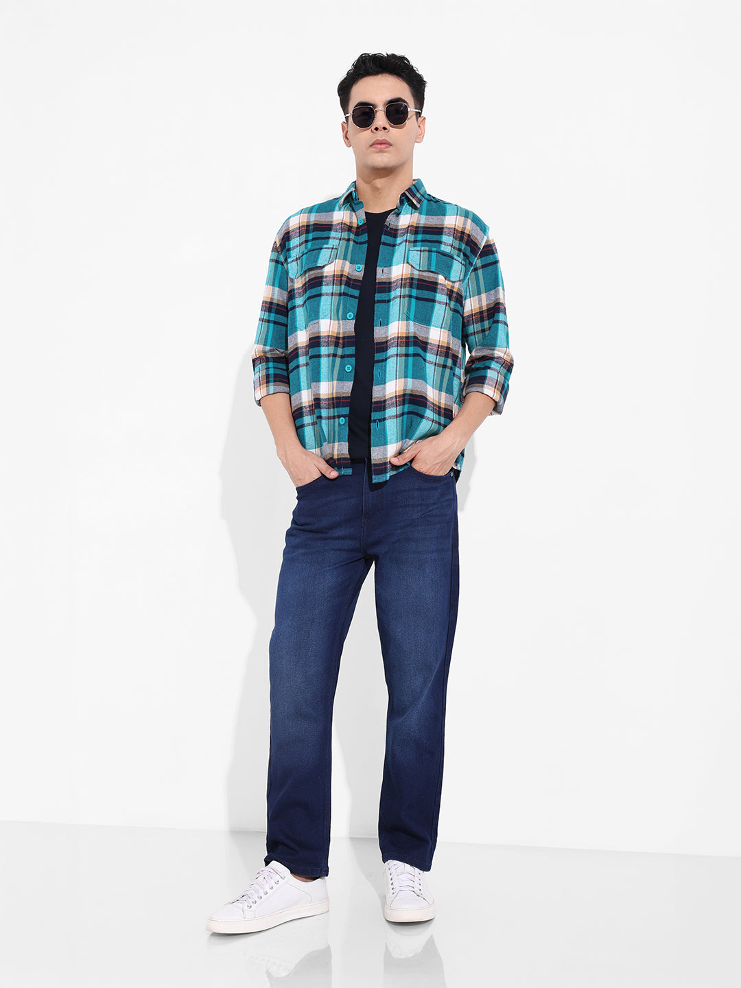 Men's Blue Regular Fit Casual Checkered Shirt