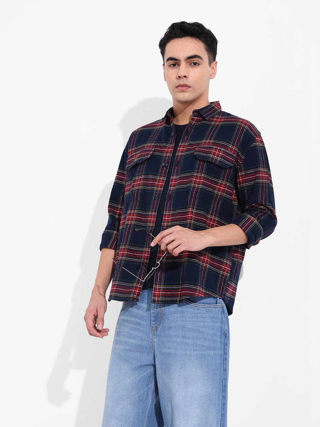 Men's Navy Regular Fit Casual Checkered Shirt