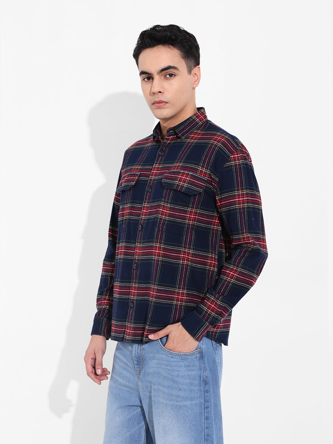 Men's Navy Regular Fit Casual Checkered Shirt